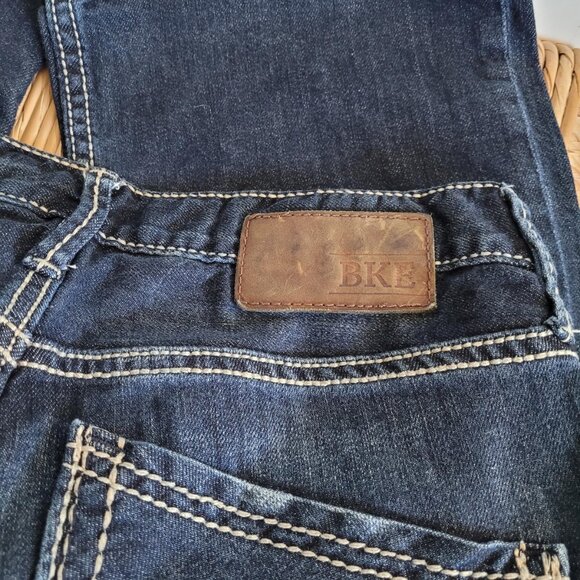 BKE Mens Jeans Size 29R Jake  Dark Wash Straight Distressing Heavy Stitching - Picture 8 of 12